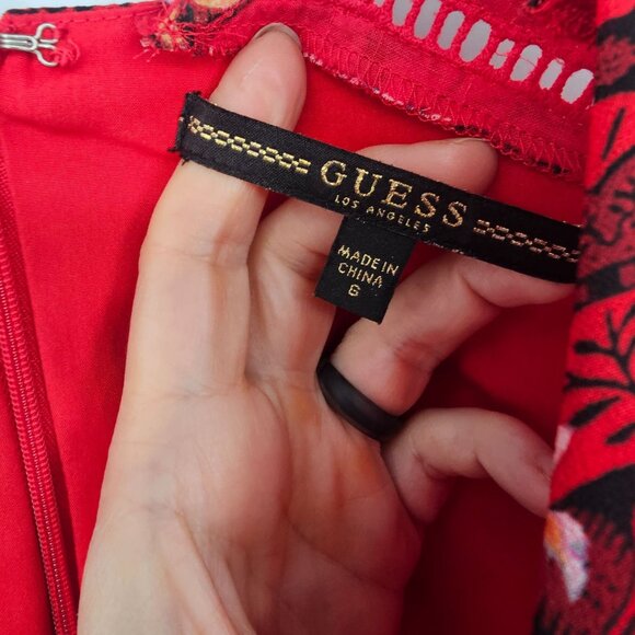 Guess Elysian Wrap Maxi Dress 6 Red Floral Boho Chiffon Layered Slit Lace Inset - Picture 5 of 16